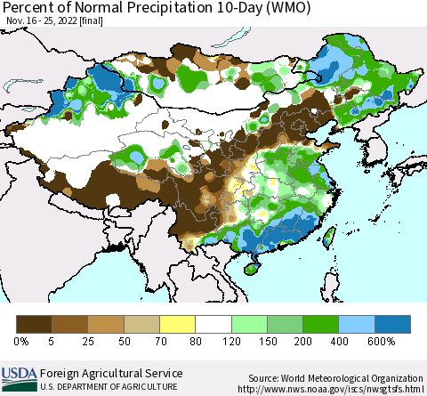 China, Mongolia and Taiwan Percent of Normal Precipitation 10-Day (WMO) Thematic Map For 11/16/2022 - 11/25/2022