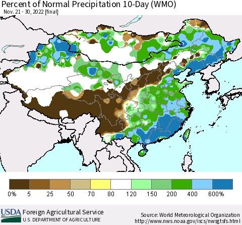 China, Mongolia and Taiwan Percent of Normal Precipitation 10-Day (WMO) Thematic Map For 11/21/2022 - 11/30/2022