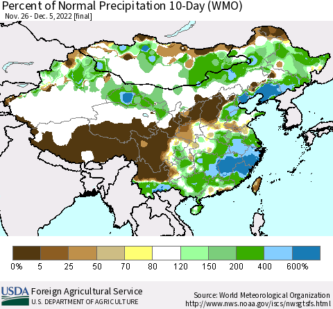 China, Mongolia and Taiwan Percent of Normal Precipitation 10-Day (WMO) Thematic Map For 11/26/2022 - 12/5/2022