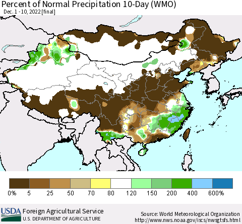 China, Mongolia and Taiwan Percent of Normal Precipitation 10-Day (WMO) Thematic Map For 12/1/2022 - 12/10/2022
