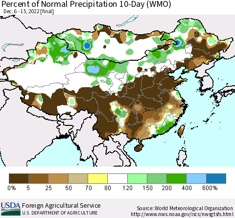 China, Mongolia and Taiwan Percent of Normal Precipitation 10-Day (WMO) Thematic Map For 12/6/2022 - 12/15/2022