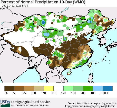 China, Mongolia and Taiwan Percent of Normal Precipitation 10-Day (WMO) Thematic Map For 12/11/2022 - 12/20/2022