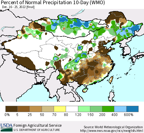 China, Mongolia and Taiwan Percent of Normal Precipitation 10-Day (WMO) Thematic Map For 12/16/2022 - 12/25/2022