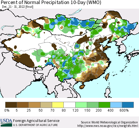 China, Mongolia and Taiwan Percent of Normal Precipitation 10-Day (WMO) Thematic Map For 12/21/2022 - 12/31/2022