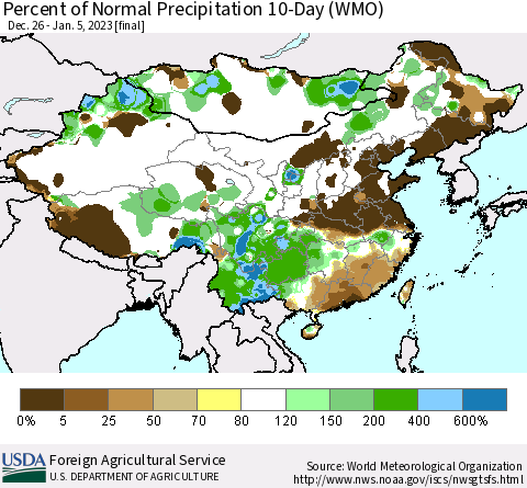 China, Mongolia and Taiwan Percent of Normal Precipitation 10-Day (WMO) Thematic Map For 12/26/2022 - 1/5/2023