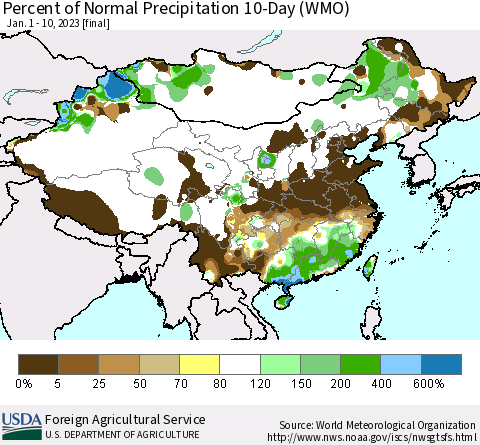 China, Mongolia and Taiwan Percent of Normal Precipitation 10-Day (WMO) Thematic Map For 1/1/2023 - 1/10/2023