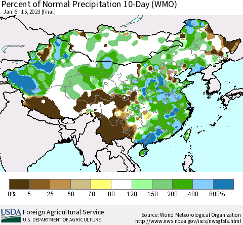 China, Mongolia and Taiwan Percent of Normal Precipitation 10-Day (WMO) Thematic Map For 1/6/2023 - 1/15/2023