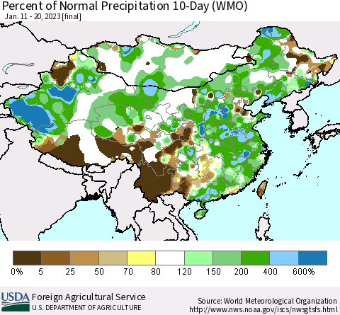 China, Mongolia and Taiwan Percent of Normal Precipitation 10-Day (WMO) Thematic Map For 1/11/2023 - 1/20/2023