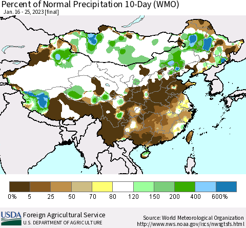 China, Mongolia and Taiwan Percent of Normal Precipitation 10-Day (WMO) Thematic Map For 1/16/2023 - 1/25/2023