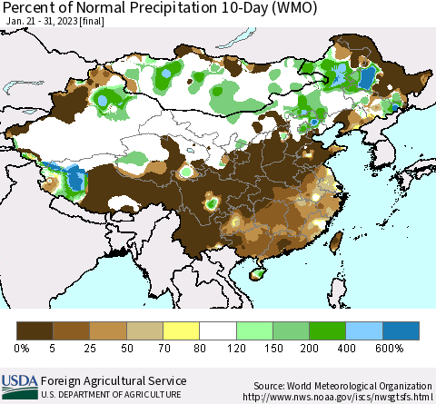 China, Mongolia and Taiwan Percent of Normal Precipitation 10-Day (WMO) Thematic Map For 1/21/2023 - 1/31/2023