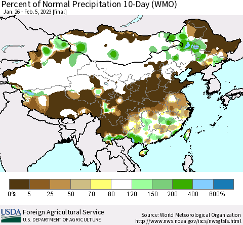 China, Mongolia and Taiwan Percent of Normal Precipitation 10-Day (WMO) Thematic Map For 1/26/2023 - 2/5/2023