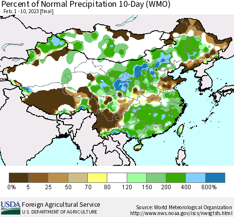 China, Mongolia and Taiwan Percent of Normal Precipitation 10-Day (WMO) Thematic Map For 2/1/2023 - 2/10/2023