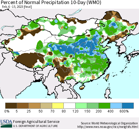 China, Mongolia and Taiwan Percent of Normal Precipitation 10-Day (WMO) Thematic Map For 2/6/2023 - 2/15/2023