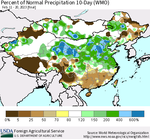China, Mongolia and Taiwan Percent of Normal Precipitation 10-Day (WMO) Thematic Map For 2/11/2023 - 2/20/2023