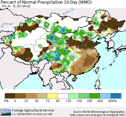 China, Mongolia and Taiwan Percent of Normal Precipitation 10-Day (WMO) Thematic Map For 2/16/2023 - 2/25/2023