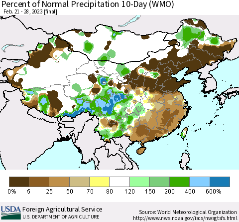 China, Mongolia and Taiwan Percent of Normal Precipitation 10-Day (WMO) Thematic Map For 2/21/2023 - 2/28/2023