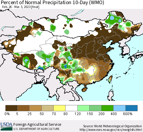 China, Mongolia and Taiwan Percent of Normal Precipitation 10-Day (WMO) Thematic Map For 2/26/2023 - 3/5/2023