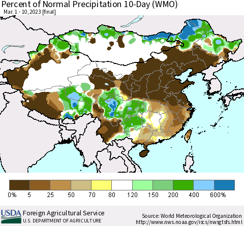 China, Mongolia and Taiwan Percent of Normal Precipitation 10-Day (WMO) Thematic Map For 3/1/2023 - 3/10/2023