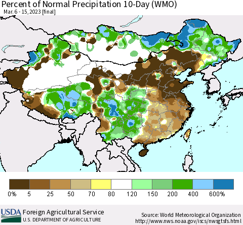 China, Mongolia and Taiwan Percent of Normal Precipitation 10-Day (WMO) Thematic Map For 3/6/2023 - 3/15/2023