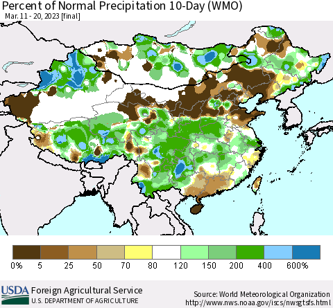 China, Mongolia and Taiwan Percent of Normal Precipitation 10-Day (WMO) Thematic Map For 3/11/2023 - 3/20/2023