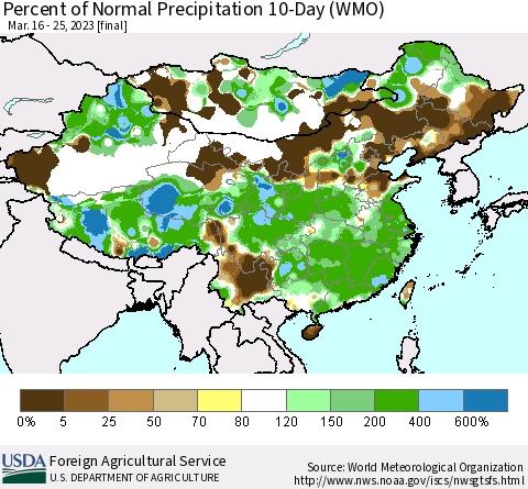 China, Mongolia and Taiwan Percent of Normal Precipitation 10-Day (WMO) Thematic Map For 3/16/2023 - 3/25/2023