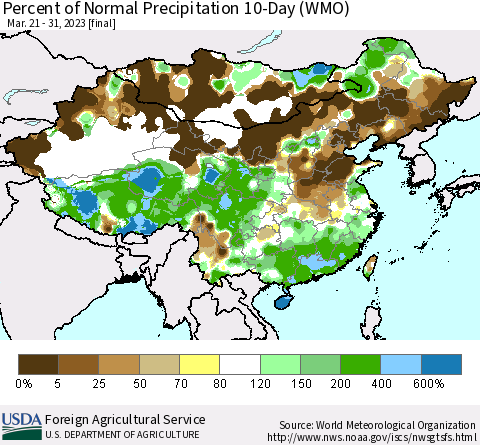 China, Mongolia and Taiwan Percent of Normal Precipitation 10-Day (WMO) Thematic Map For 3/21/2023 - 3/31/2023