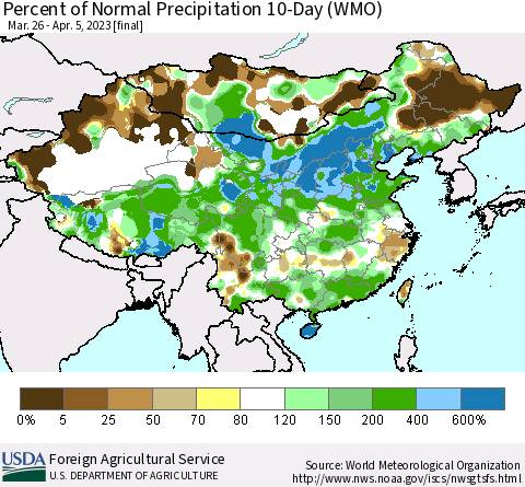 China, Mongolia and Taiwan Percent of Normal Precipitation 10-Day (WMO) Thematic Map For 3/26/2023 - 4/5/2023