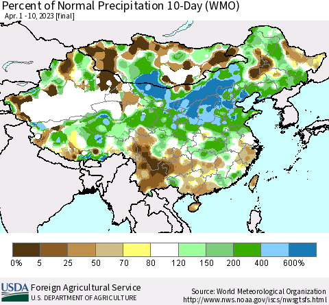 China, Mongolia and Taiwan Percent of Normal Precipitation 10-Day (WMO) Thematic Map For 4/1/2023 - 4/10/2023