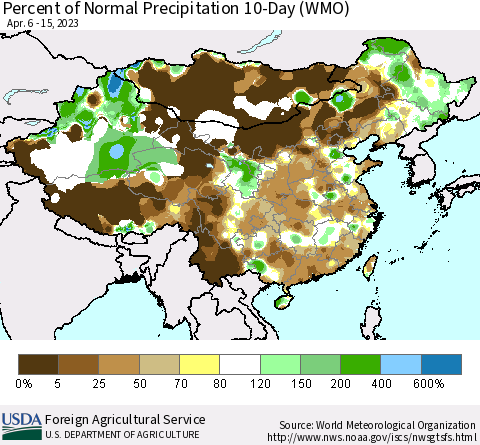 China, Mongolia and Taiwan Percent of Normal Precipitation 10-Day (WMO) Thematic Map For 4/6/2023 - 4/15/2023