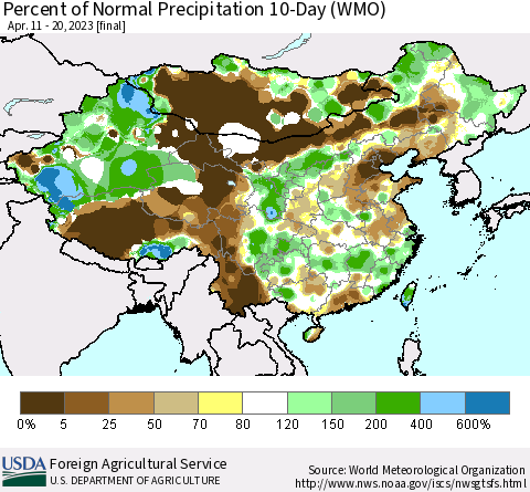 China, Mongolia and Taiwan Percent of Normal Precipitation 10-Day (WMO) Thematic Map For 4/11/2023 - 4/20/2023