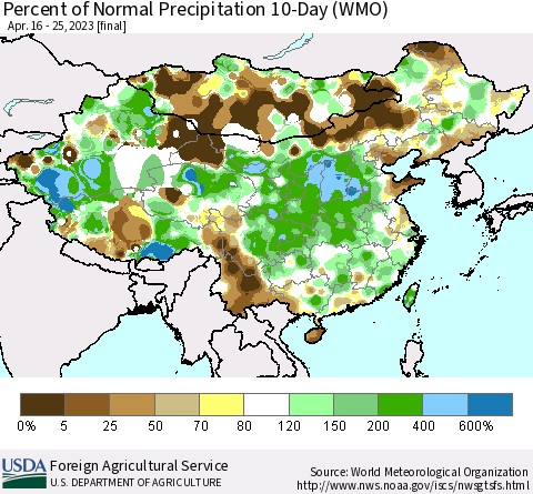 China, Mongolia and Taiwan Percent of Normal Precipitation 10-Day (WMO) Thematic Map For 4/16/2023 - 4/25/2023