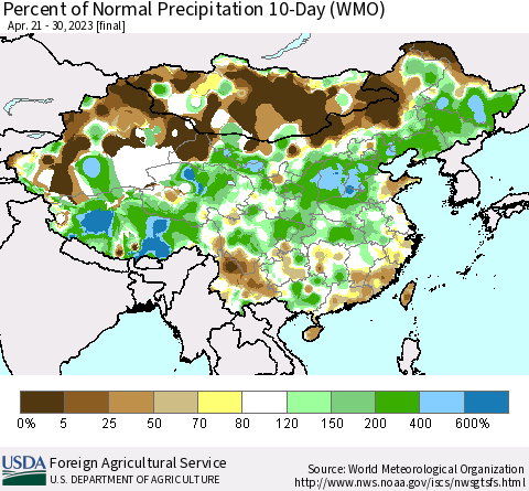 China, Mongolia and Taiwan Percent of Normal Precipitation 10-Day (WMO) Thematic Map For 4/21/2023 - 4/30/2023