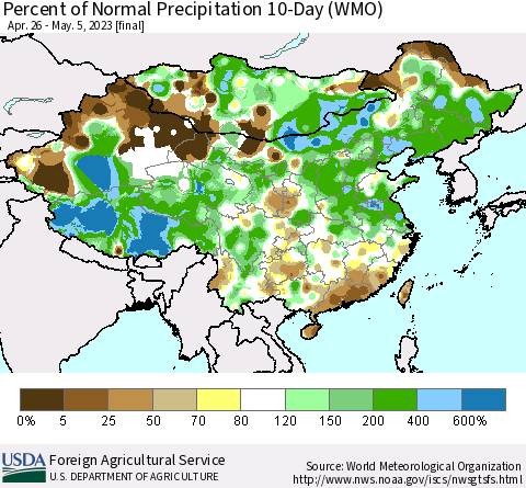 China, Mongolia and Taiwan Percent of Normal Precipitation 10-Day (WMO) Thematic Map For 4/26/2023 - 5/5/2023