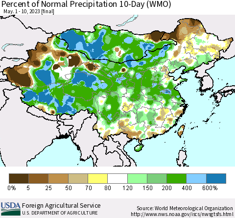 China, Mongolia and Taiwan Percent of Normal Precipitation 10-Day (WMO) Thematic Map For 5/1/2023 - 5/10/2023