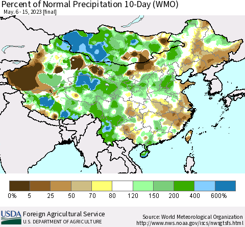 China, Mongolia and Taiwan Percent of Normal Precipitation 10-Day (WMO) Thematic Map For 5/6/2023 - 5/15/2023