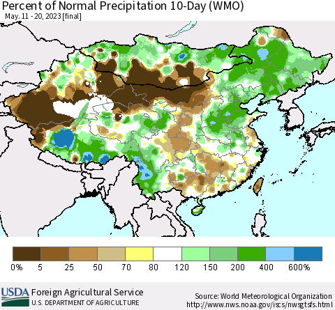China, Mongolia and Taiwan Percent of Normal Precipitation 10-Day (WMO) Thematic Map For 5/11/2023 - 5/20/2023