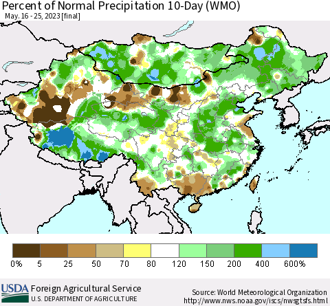 China, Mongolia and Taiwan Percent of Normal Precipitation 10-Day (WMO) Thematic Map For 5/16/2023 - 5/25/2023
