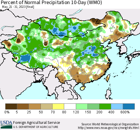 China, Mongolia and Taiwan Percent of Normal Precipitation 10-Day (WMO) Thematic Map For 5/21/2023 - 5/31/2023