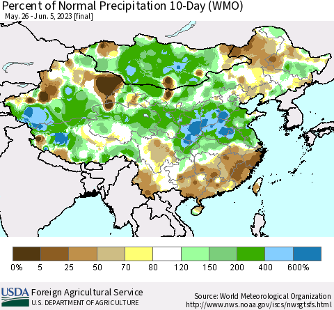 China, Mongolia and Taiwan Percent of Normal Precipitation 10-Day (WMO) Thematic Map For 5/26/2023 - 6/5/2023