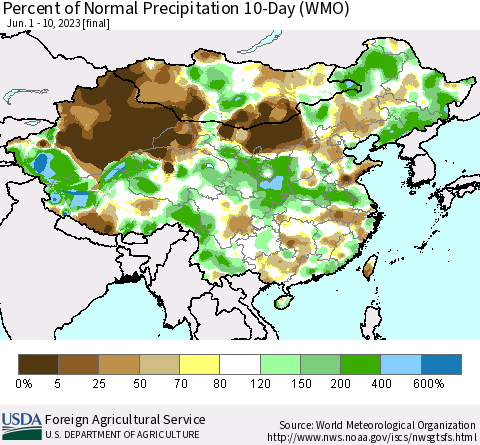 China, Mongolia and Taiwan Percent of Normal Precipitation 10-Day (WMO) Thematic Map For 6/1/2023 - 6/10/2023