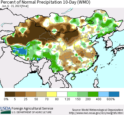 China, Mongolia and Taiwan Percent of Normal Precipitation 10-Day (WMO) Thematic Map For 6/6/2023 - 6/15/2023