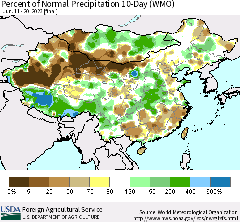 China, Mongolia and Taiwan Percent of Normal Precipitation 10-Day (WMO) Thematic Map For 6/11/2023 - 6/20/2023
