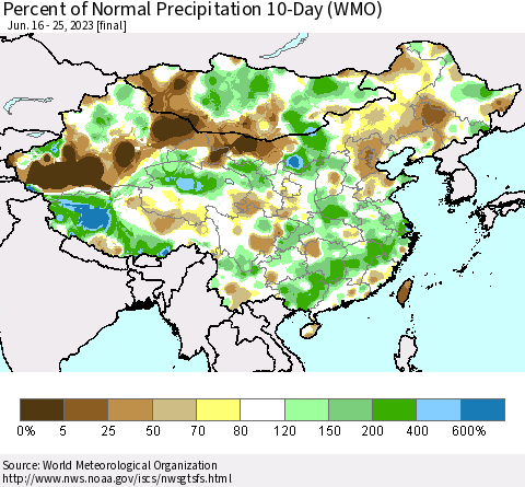China, Mongolia and Taiwan Percent of Normal Precipitation 10-Day (WMO) Thematic Map For 6/16/2023 - 6/25/2023