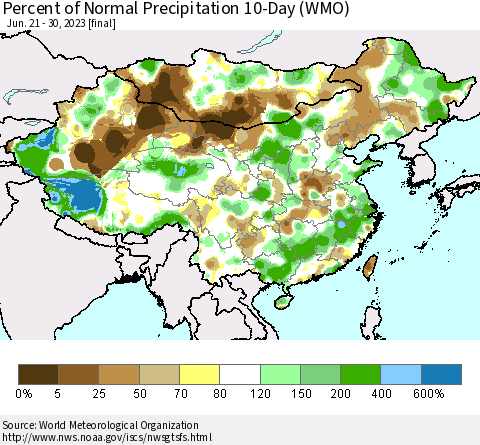 China, Mongolia and Taiwan Percent of Normal Precipitation 10-Day (WMO) Thematic Map For 6/21/2023 - 6/30/2023