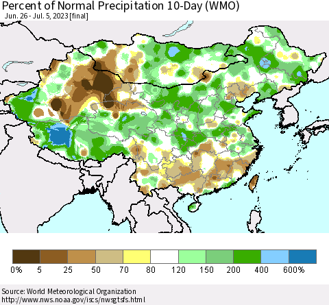 China, Mongolia and Taiwan Percent of Normal Precipitation 10-Day (WMO) Thematic Map For 6/26/2023 - 7/5/2023