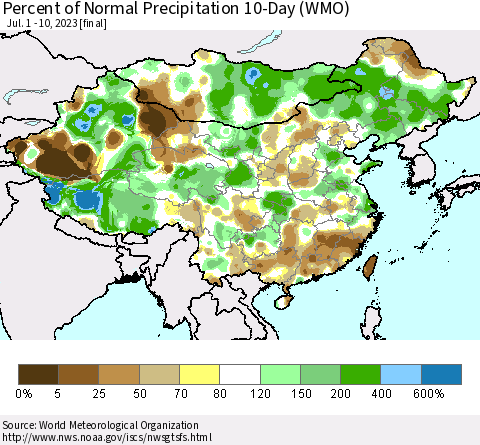 China, Mongolia and Taiwan Percent of Normal Precipitation 10-Day (WMO) Thematic Map For 7/1/2023 - 7/10/2023