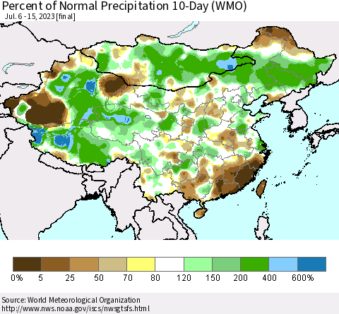 China, Mongolia and Taiwan Percent of Normal Precipitation 10-Day (WMO) Thematic Map For 7/6/2023 - 7/15/2023