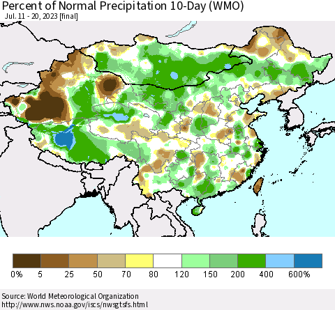 China, Mongolia and Taiwan Percent of Normal Precipitation 10-Day (WMO) Thematic Map For 7/11/2023 - 7/20/2023