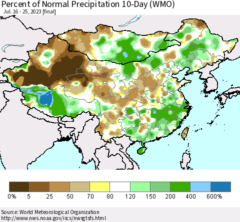 China, Mongolia and Taiwan Percent of Normal Precipitation 10-Day (WMO) Thematic Map For 7/16/2023 - 7/25/2023