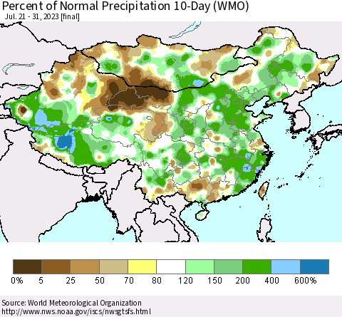 China, Mongolia and Taiwan Percent of Normal Precipitation 10-Day (WMO) Thematic Map For 7/21/2023 - 7/31/2023